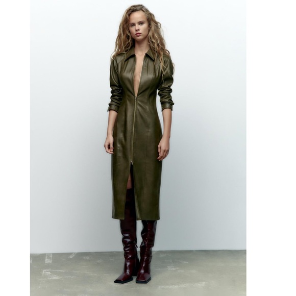 Zara Dresses & Skirts - NWT Zara Woman Fitted Faux Leather Zipper Detail Green Dress S Bloggers Fav